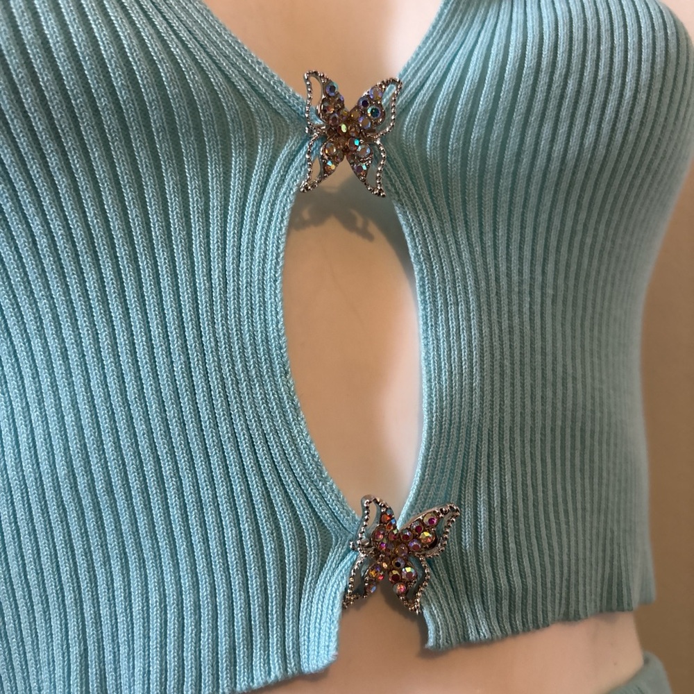 Blue Ribbed Tank Top with Butterfly Embellishments